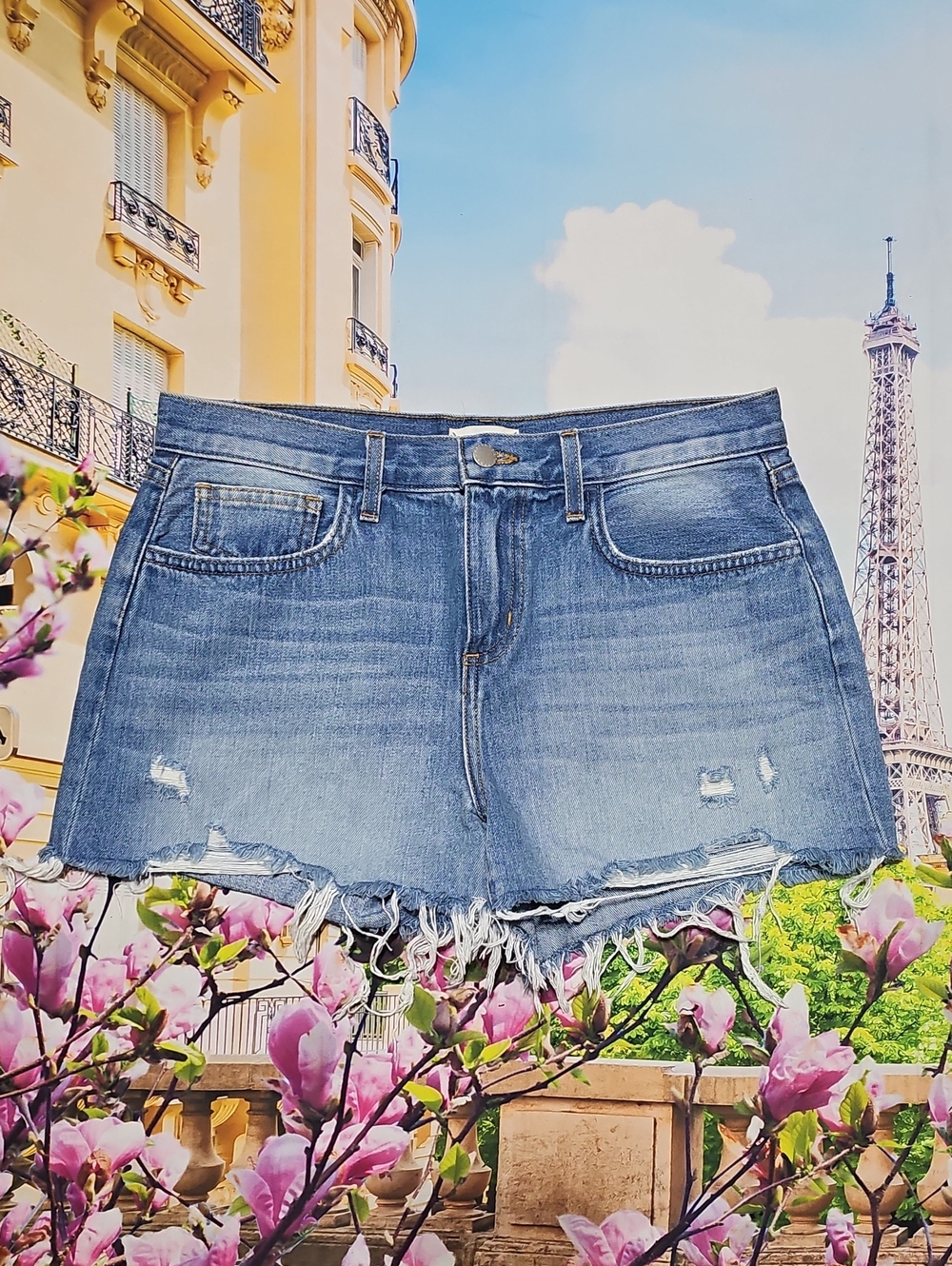 L'AGENCE Distressed High Waist Light Blue Denim Frayed Shorts Size 28